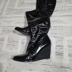 Elegant Black Patent Wedge Heel Boots